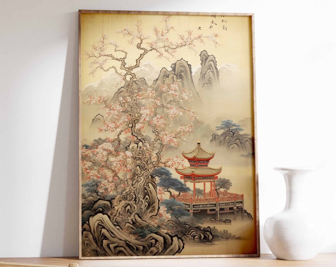 Chinese Vintage Ink Landscape Pagoda Blossom Mountain Scroll Poster