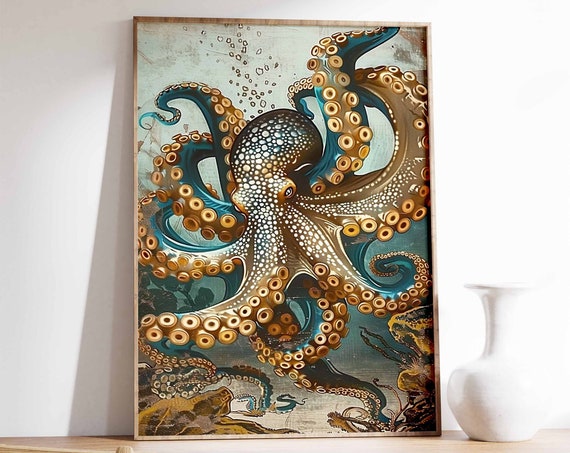 Octopus Sealife Decor Vintage Animal Wall Art Print