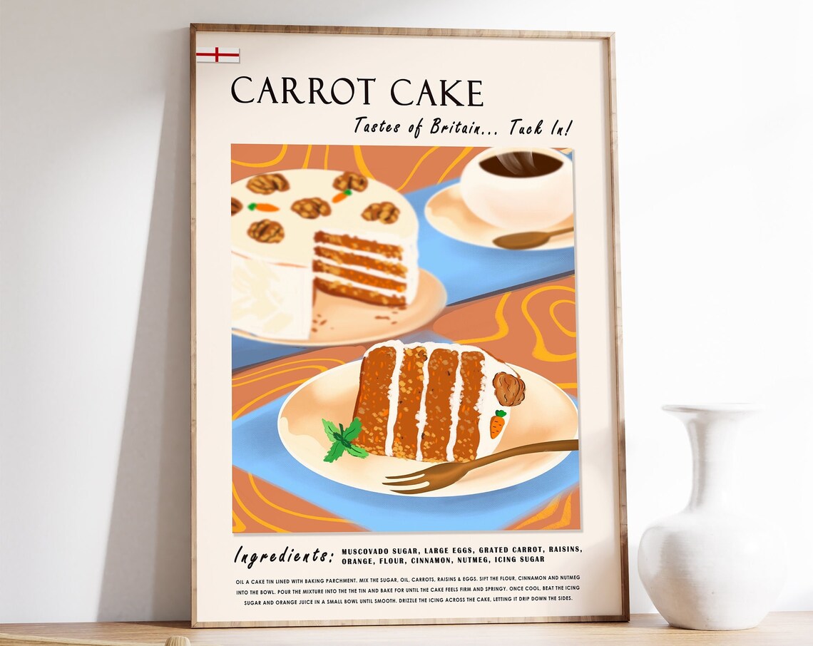 Carrot Cake Retro Food Poster, London Kitchen Decor
