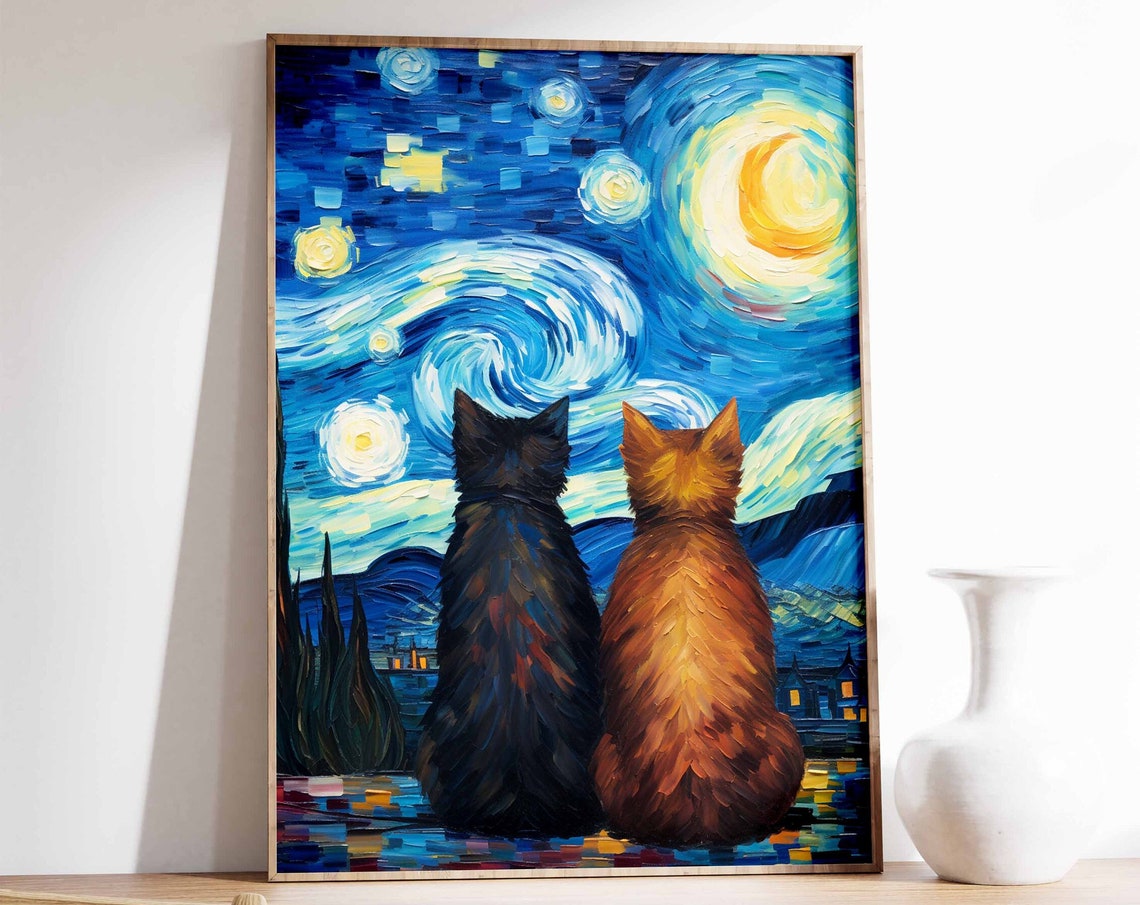 Two Cats Gazing At Starry Night Swirling Sky Animal Art Poster