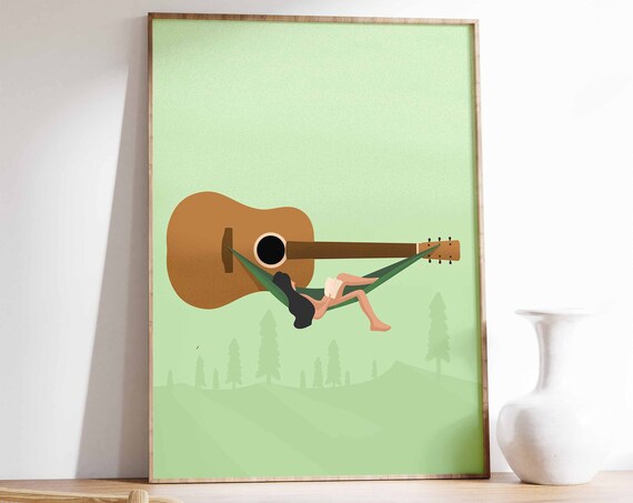 Girl In Hammock On Acoustic Guitar Green Retro Illustration Poster