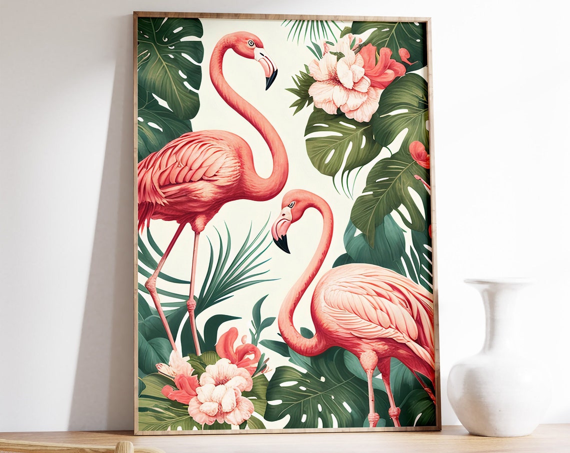 Two Pink Flamingos Tropical Monstera Hibiscus Flowers Wall Art
