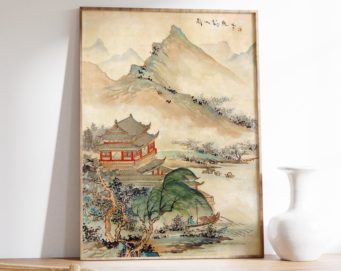 Chinese Vintage Art Print, Retro Oriental Landscape