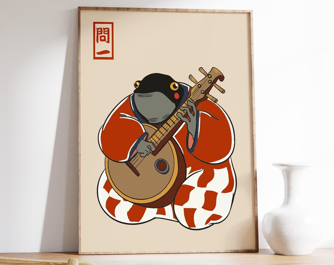 Funny Japanese Frog Playing Lute Red Kimono Vintage Style Poster