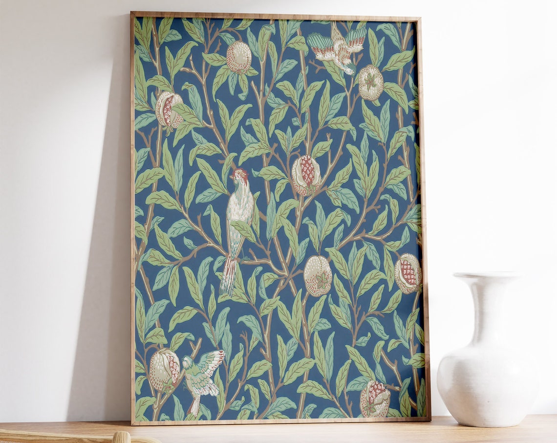 William Morris Style Print Pomegranate Bird Pattern Navy Botanical