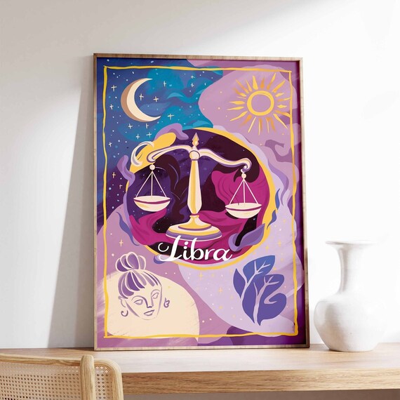 Libra Zodiac Gold Scales Purple Cosmic Celestial Star Sign Poster