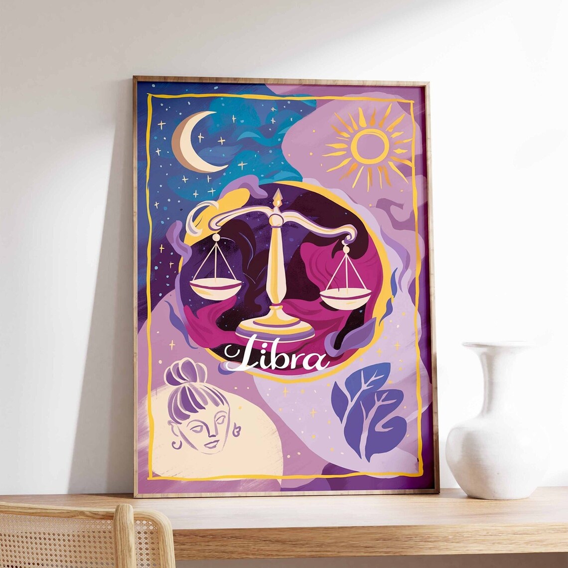 Libra Zodiac Gold Scales Purple Cosmic Celestial Star Sign Poster