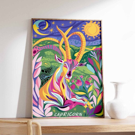 Capricorn Zodiac Goat Long Horns Tropical Leaves Celestial Poster