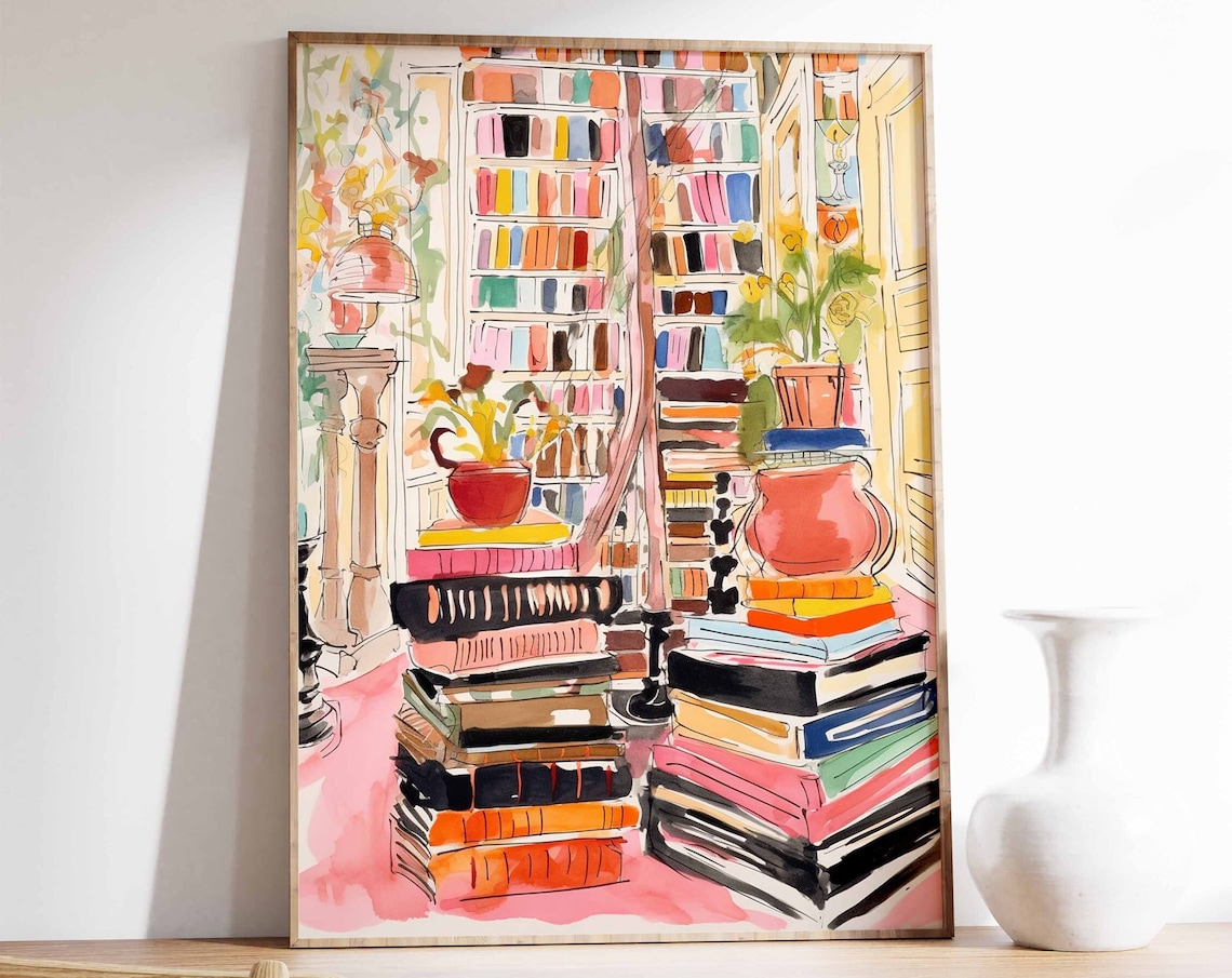 Vintage Bookshop Poster, Retro Reading Room Art Print