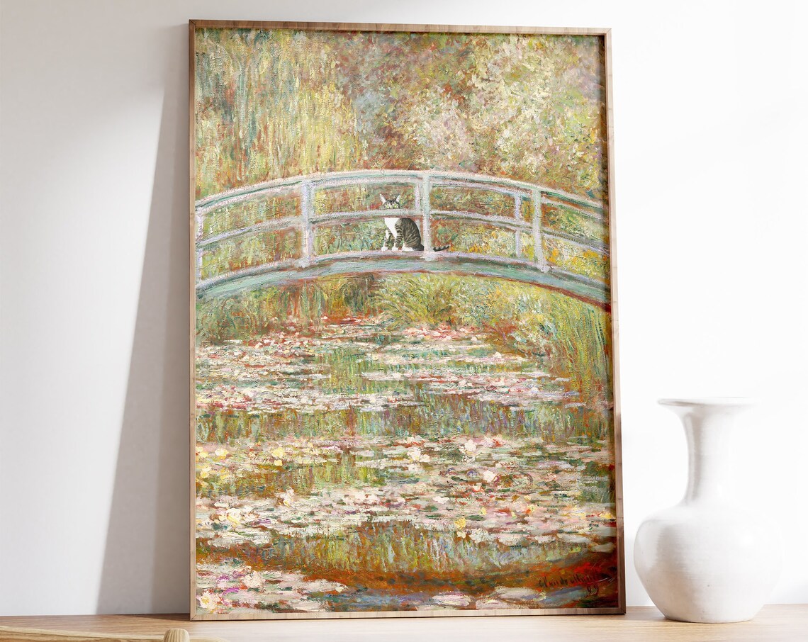 Monet-Inspired Waterlily Cat Art Print, Floral Poster