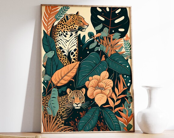 Two Leopards Dark Jungle Floral Tropical Big Cat Botanical Art Poster