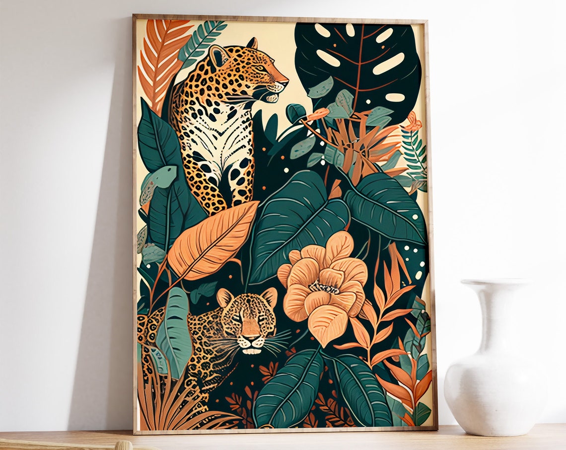 Two Leopards Dark Jungle Floral Tropical Big Cat Botanical Art Poster