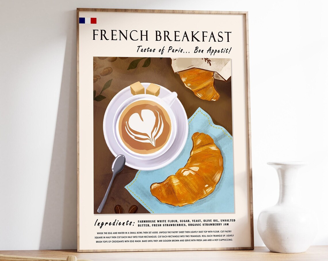 French Breakfast Croissant Latte Art Poster Parisian Cafe Kitchen