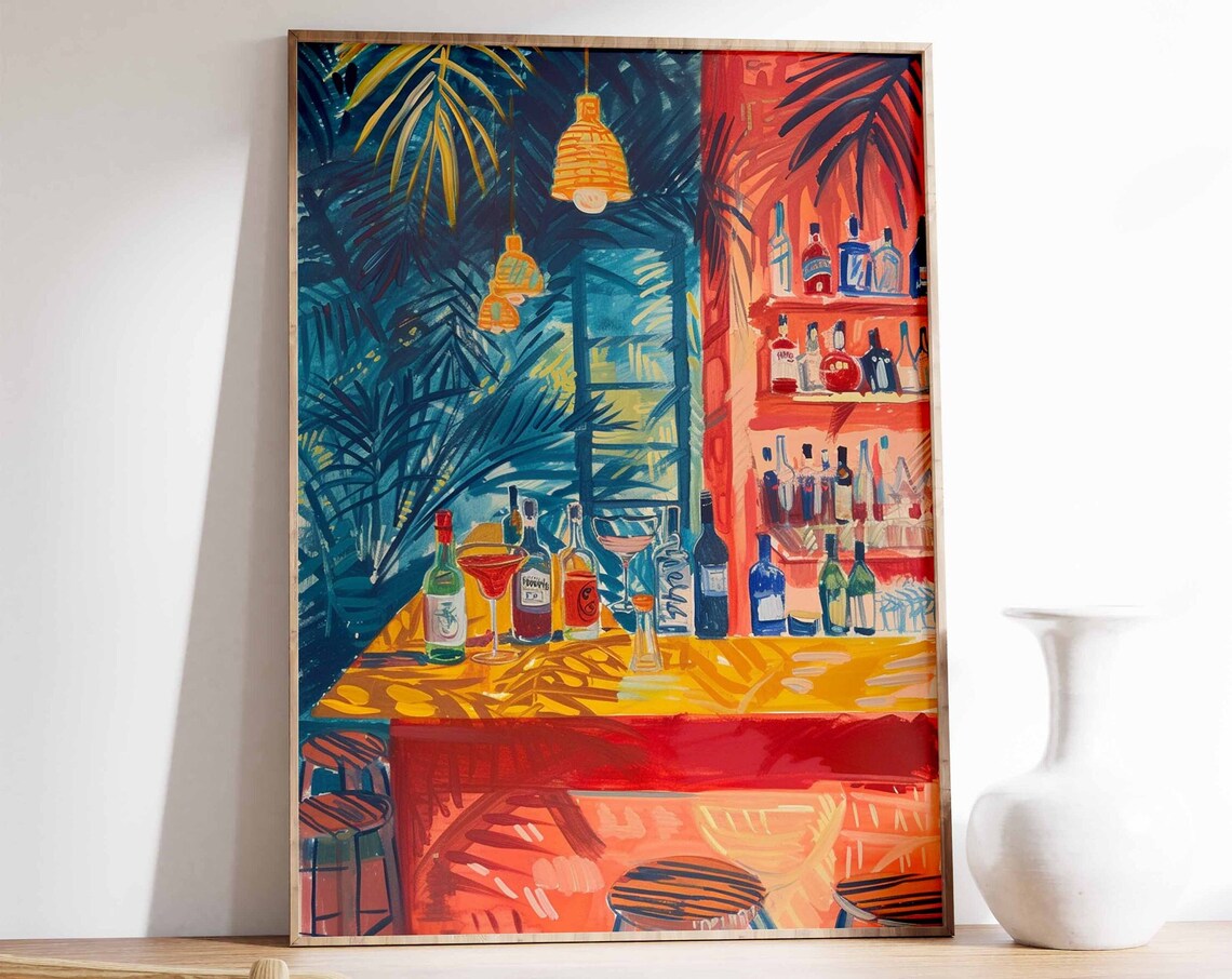 Retro Cocktail Bar Tropical Tiki Lounge Bottles Neon Kitchen Art Poster