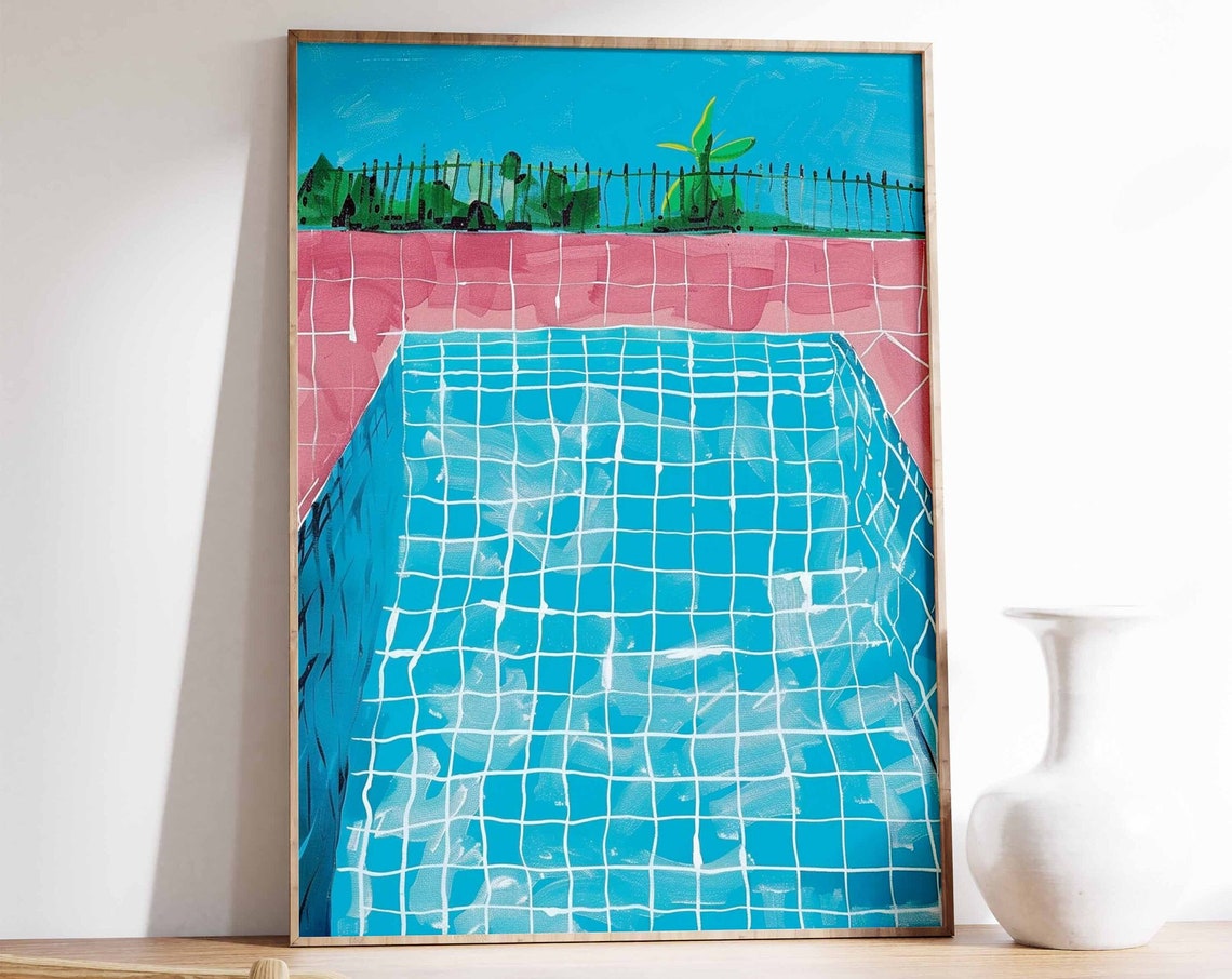 Bright Blue Pool White Grid Tiles Pink Deck Modern Pop Poster