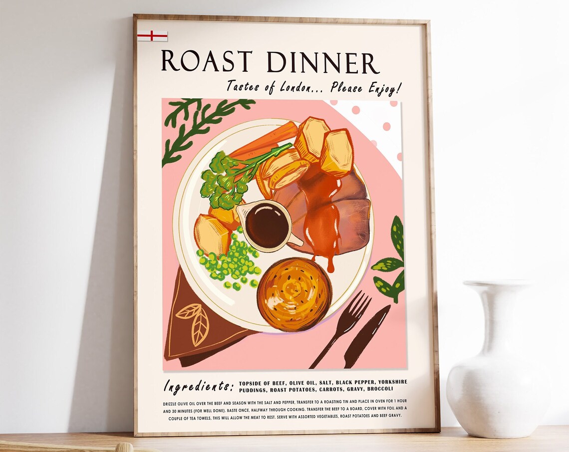 English Roast Dinner Retro Print, Kitchen Decor