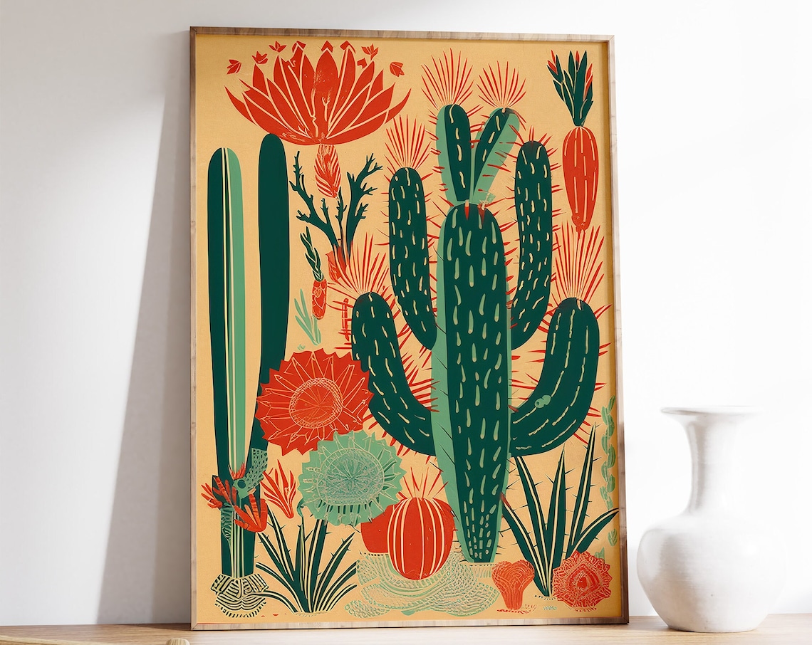 Vintage Mexican Cactus Art Print, Traditional Decor