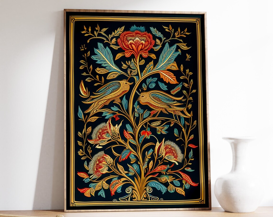 Indian Floral Tree of Life Birds Ornate Golden Decorative Art Print