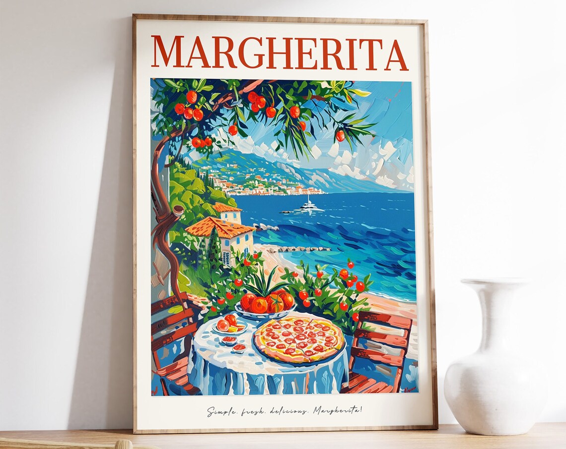 Margherita Pizza Italian Coast Table Tomatoes Vintage Food Poster