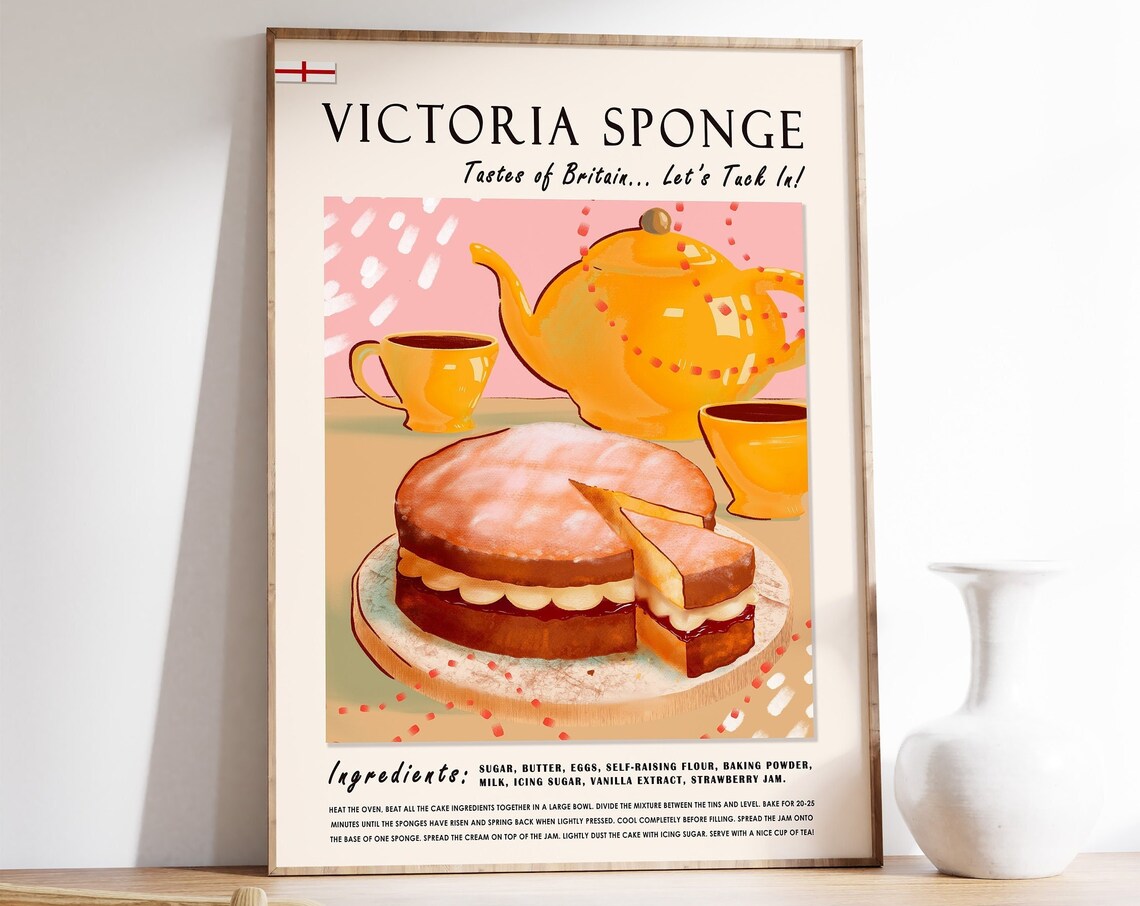 Victoria Sponge Cake Vintage British Baking Recipe Kitchen Art Poster