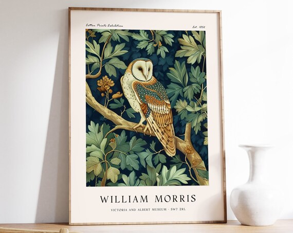 William Morris Barn Owl on Leafy Branch Botanical Night Style Poster