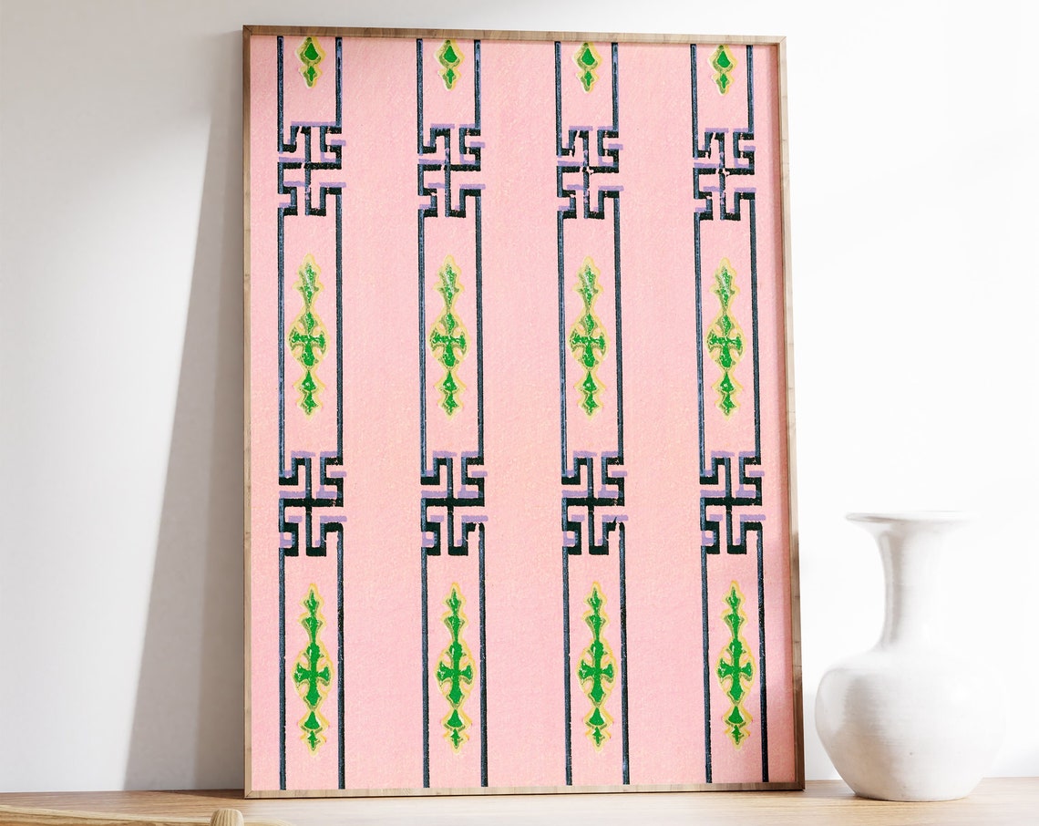 Japanese Kimono Geometric Pink Stripe Textile Pattern Art Poster