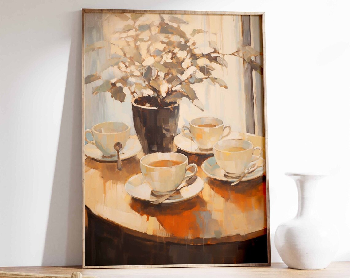 Coffee Cups Warm Kitchen Still Life Cafe Style Painting Poster