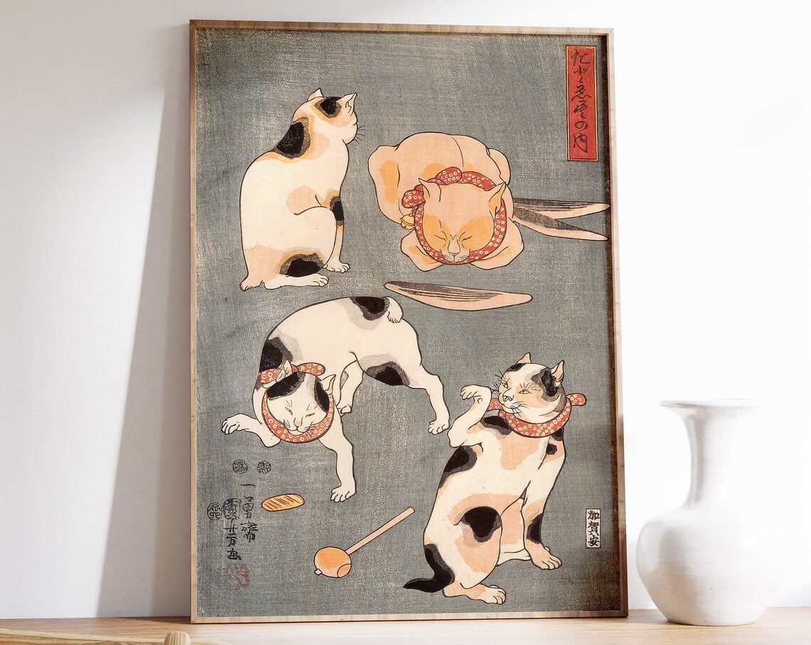 Japanese Cats Utagawa Kuniyoshi Style Four Cats Woodblock Art Poster