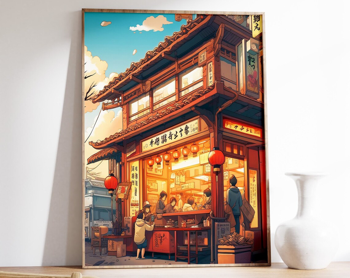 Traditional Japanese Restaurant Anime Style Street Scene Art Poster