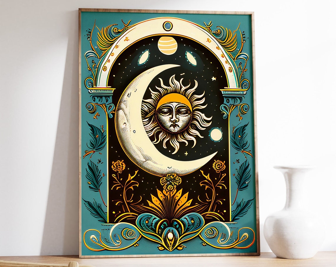 Sun and Moon Celestial Tarot Mystical Cosmic Wall Decor Poster