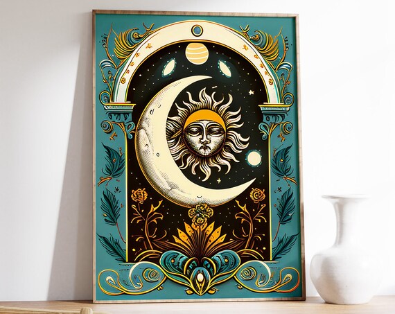 Sun and Moon Celestial Tarot Mystical Cosmic Wall Decor Poster