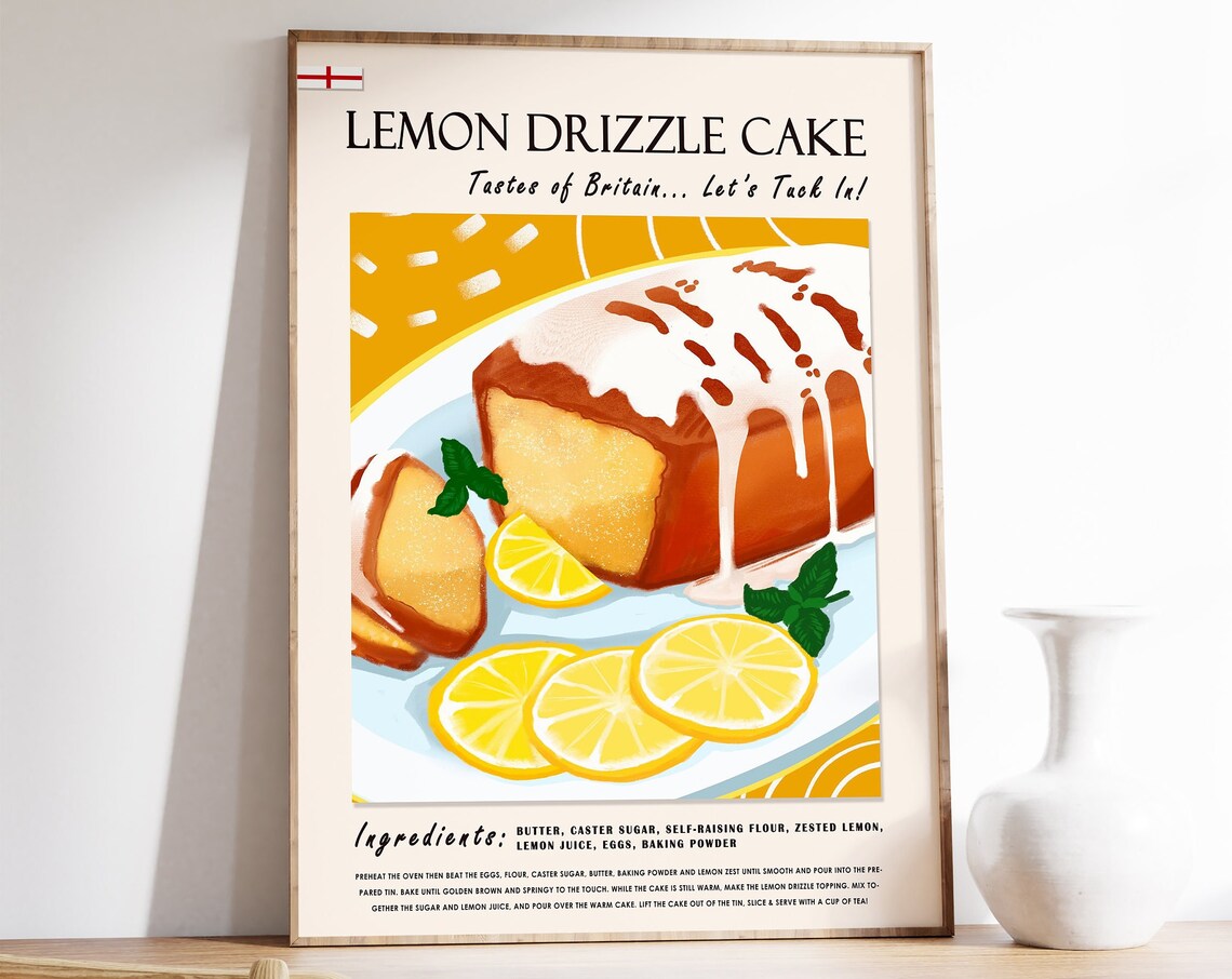 Lemon Drizzle Cake Retro Food Poster, London Print