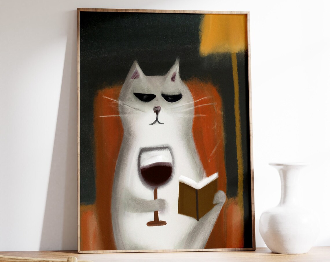 Funny White Cat with Cool Sunglasses Wine Glass and Book Poster