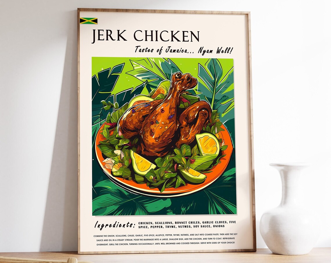 Jamaican Jerk Chicken Art Print, Caribbean Food Poster
