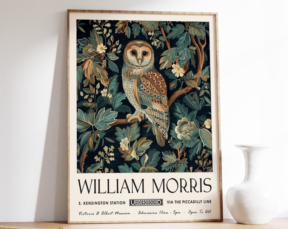 William Morris Owl Exhibition Poster, Vintage Art Print