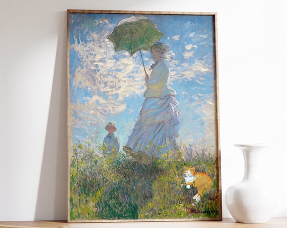 Monet Cat Print Claude Monet Cat Poster Woman With A Parasol Cat Cat Art Floral Print Wall Art Decor