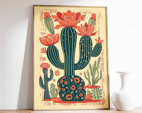 Saguaro Cactus With Orange Blooms Vintage Botanical Art Poster