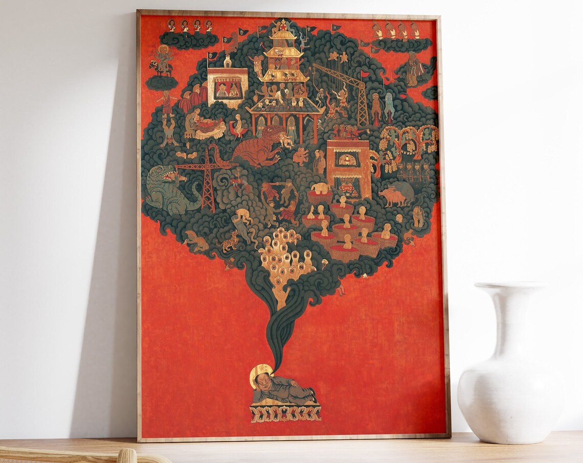 Buddha Spiritual Floral Art Print, Japanese Decor