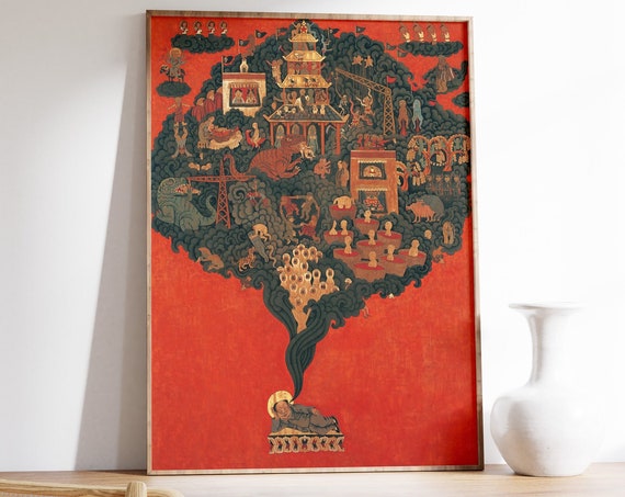 Buddha Spiritual Floral Art Print, Japanese Decor