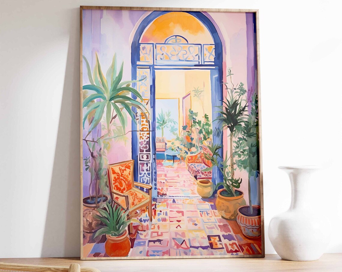 Moroccan Arch Doorway Courtyard with Plants Watercolor Poster