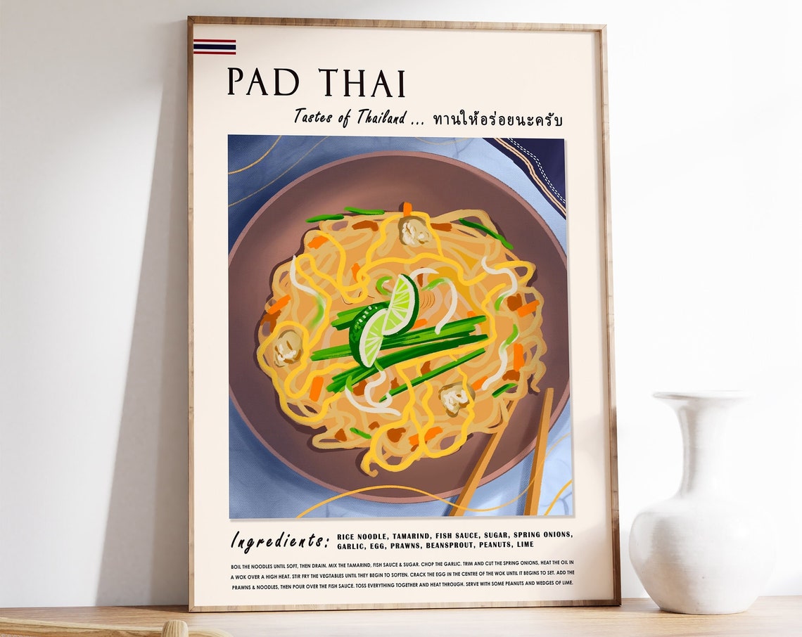 Pad Thai Tastes Of Thailand Recipe Poster With Noodle Illustration