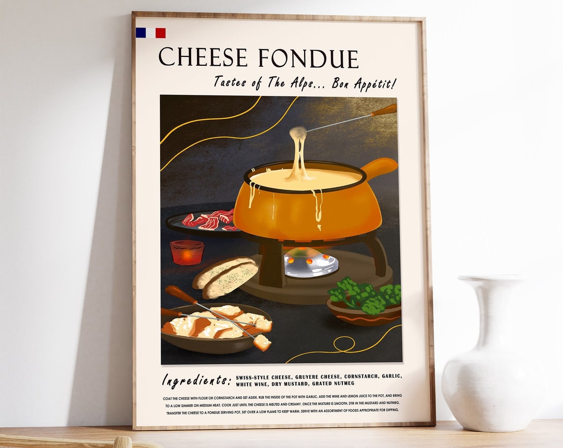 Cheese Fondue Poster French Food Art Food Art French Art French Poster Kitchen Poster Kitchen Art Retro Print Recipe Art Food Gift
