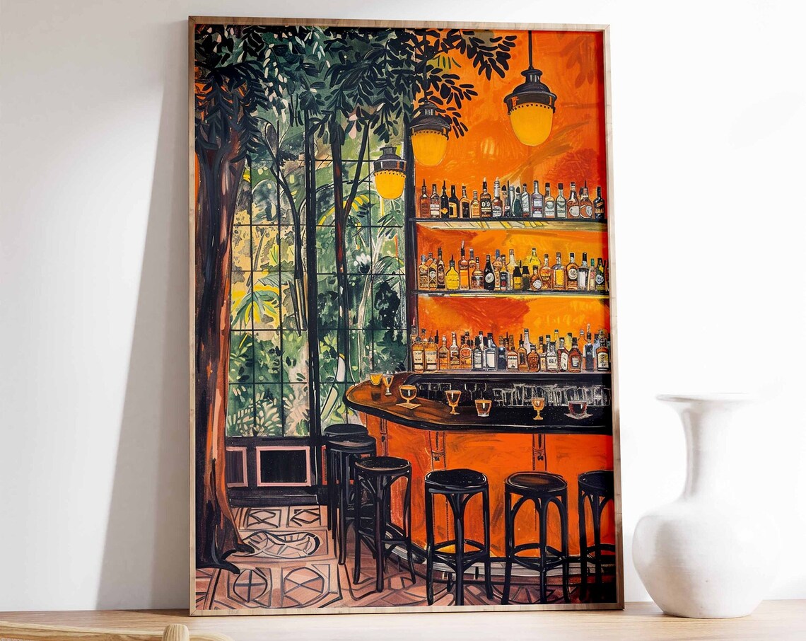 Tropical Jungle Bar Interior Amber Bottles on Orange Shelves Scene Art Poster