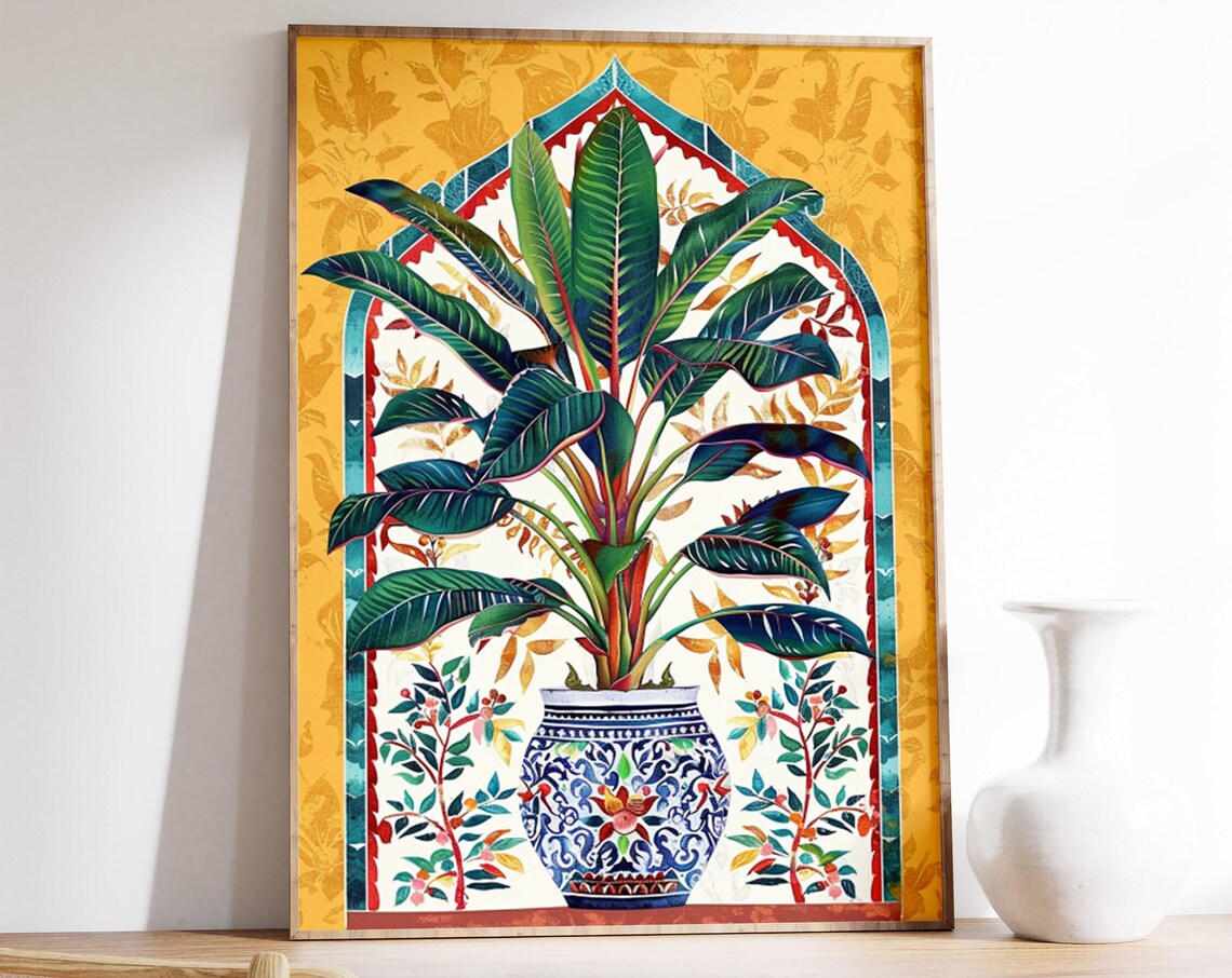 Islamic Banana Plant Ornate Painted Vase Art Print Golden Decor