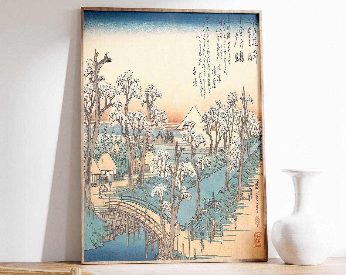 Utagawa Hiroshige Mount Fuji Bridge Travelers Woodblock Art Poster