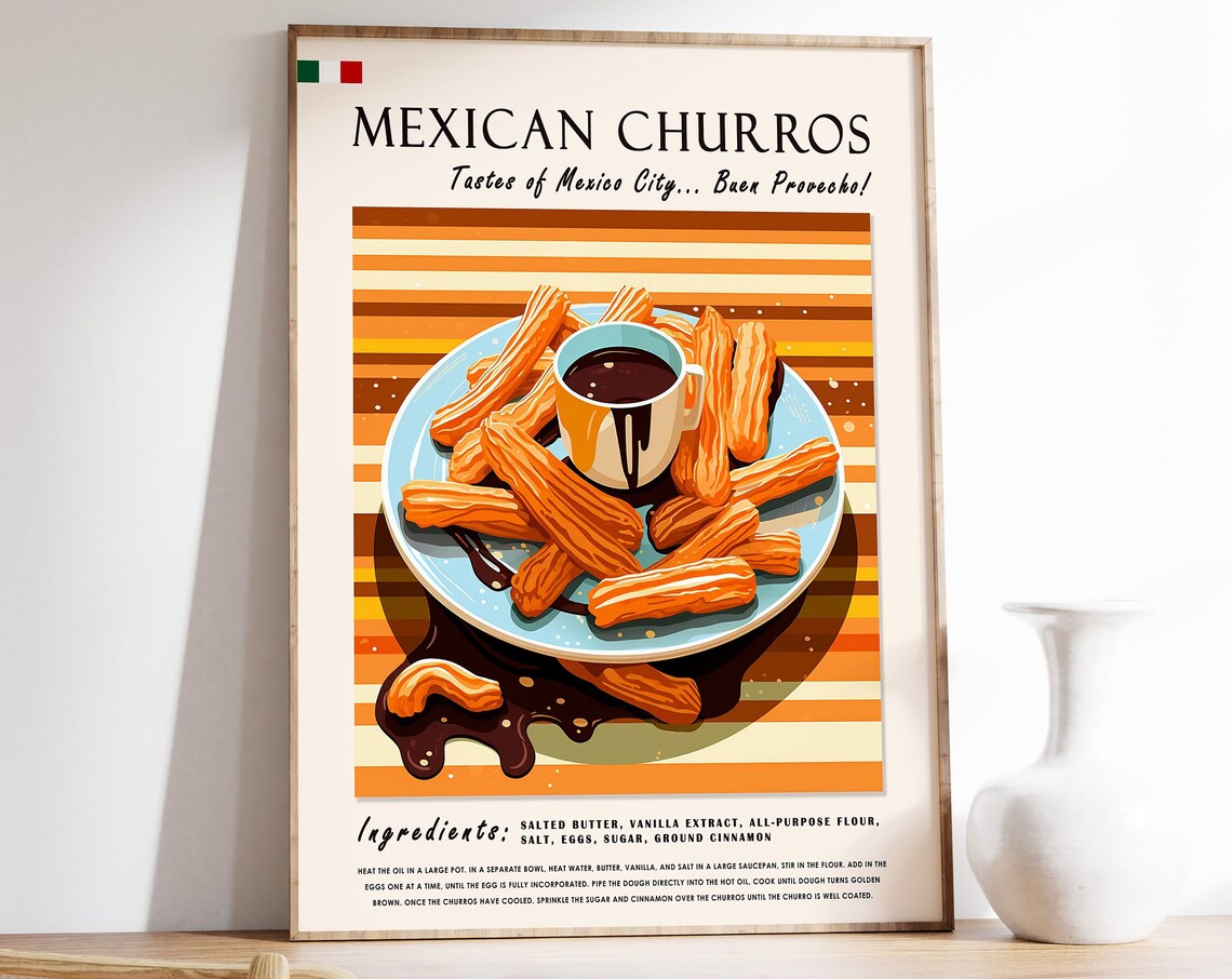 Mexican Churros Recipe Poster Chocolate Dipped Dessert Kitchen Art