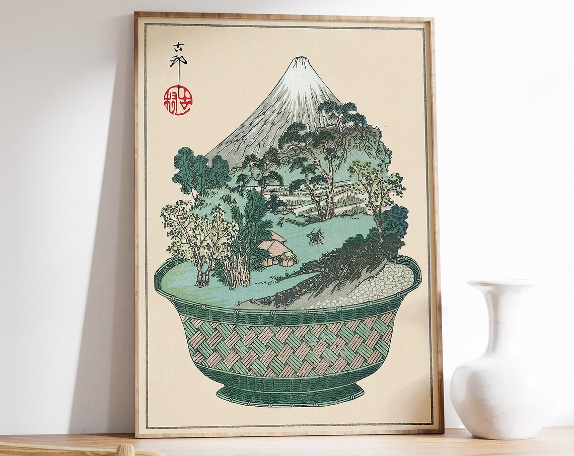 Japanese Woodblock Style Mt Fuji Landscape in a Basket Poster