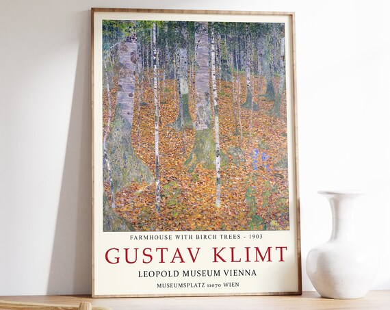 Gustav Klimt Exhibition Poster Farmhouse With Birch Trees Floral Wall Art Decor Art Nouveau Vintage Gift Idea Gallery Art Scenery