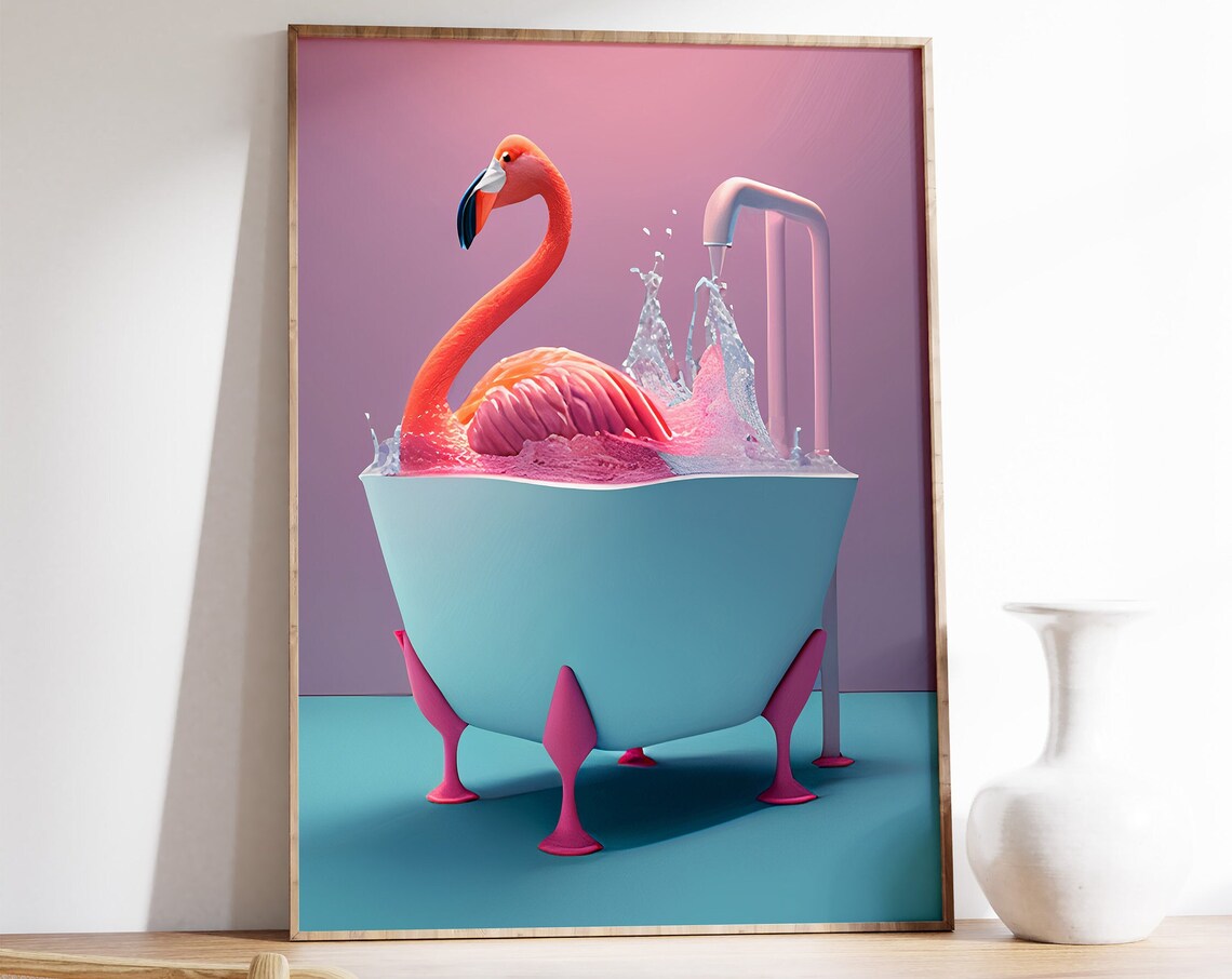 Pink Flamingo Splashing in Bathtub Funny 3D Animal Bath Poster