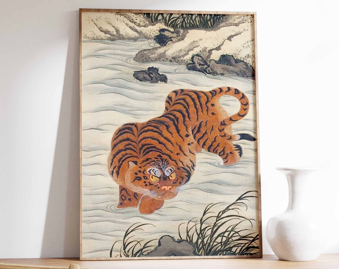 Vintage Japanese Tiger Wading Water Wildlife Traditional Art Poster
